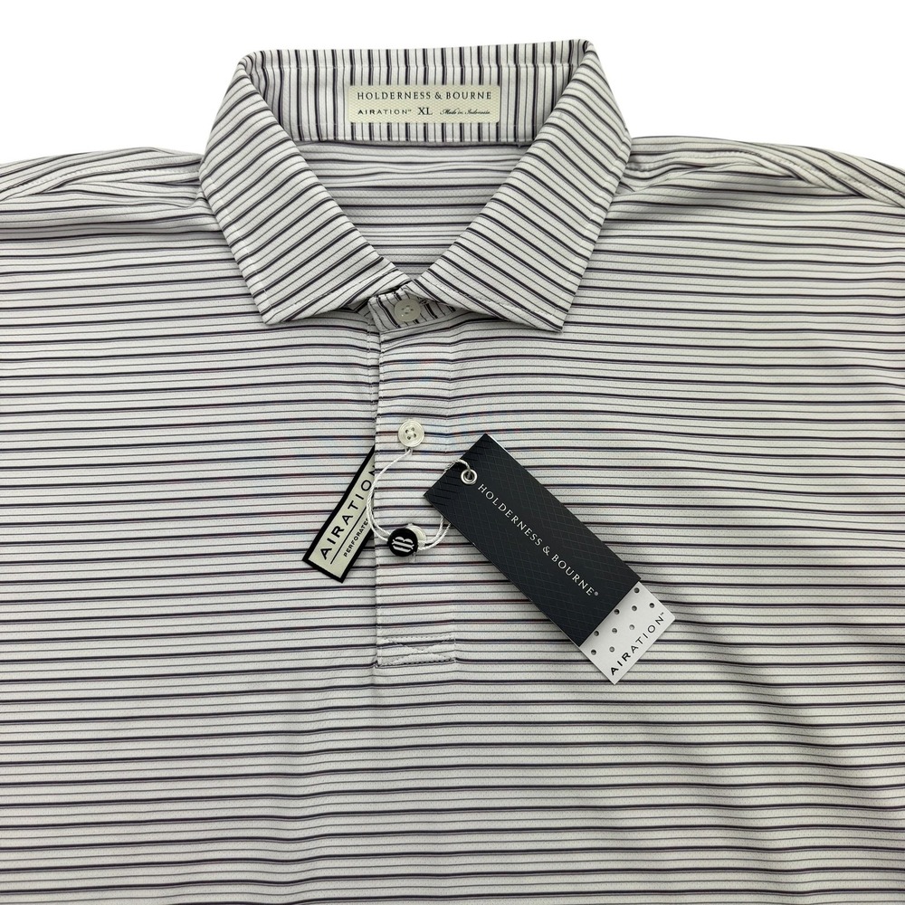 Holderness & Bourne Polo Shirt Mens XL White Striped Airation Golf Performance